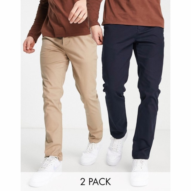 エイソス ASOS DESIGN メンズ チノパン スキニー・スリム ボトムス・パンツ 2 Pack Slim Chinos In Navy and Stone Save マルチカラー