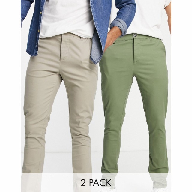 エイソス ASOS DESIGN メンズ チノパン スキニー ボトムス・パンツ 2 Pack Skinny Fit Chinos In Beige And Khaki Save