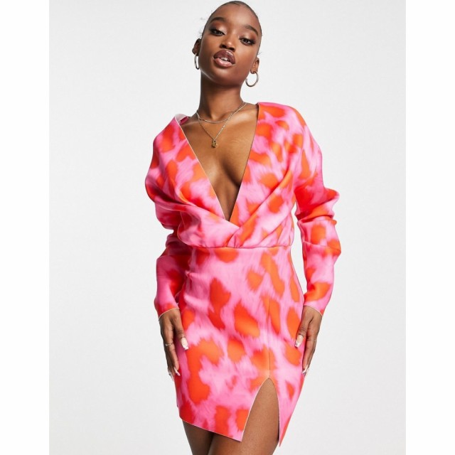 エイソス ASOS DESIGN レディース ワンピース ミニ丈 ワンピース・ドレス Plunge Mini Dress In Pop Pink Leopard マルチカラー