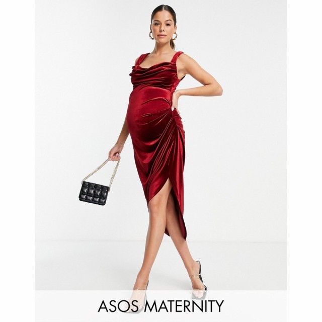 エイソス ASOS Maternity レディース ワンピース マタニティウェア タイト ミドル丈 Maternity Velvet Cowl Neck Pencil Midi Dress In B