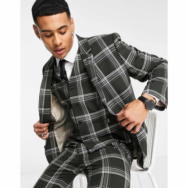 エイソス ASOS DESIGN メンズ スーツ・ジャケット アウター Super Skinny Mix And Match Green Check Suit Jacket カーキ