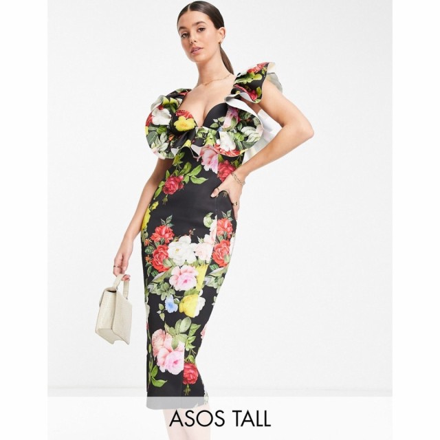 エイソス ASOS Tall レディース ワンピース タイト ワンピース・ドレス Tall Ruffle Cupped Pencil Midi Dress In Floral Print マルチカ