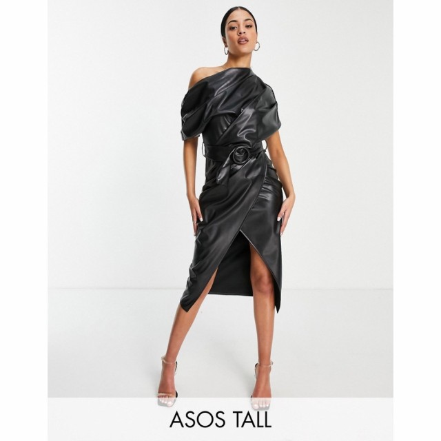 エイソス ASOS Tall レディース ワンピース タイト ミドル丈 ワンピース・ドレス Tall Fallen Shoulder Pu Belted Pencil Midi Dress In