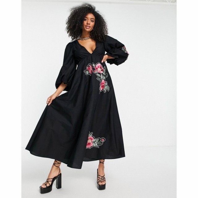 エイソス ASOS DESIGN レディース ワンピース ミドル丈 Premium Puff Sleeve Poplin Midi Dress With Patchwork Embroidery In Black ブ