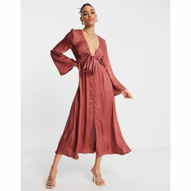 エイソス ASOS DESIGN レディース ワンピース ミドル丈 ワンピース・ドレス Tie Front Satin Midi Dress In Rust ラスティック