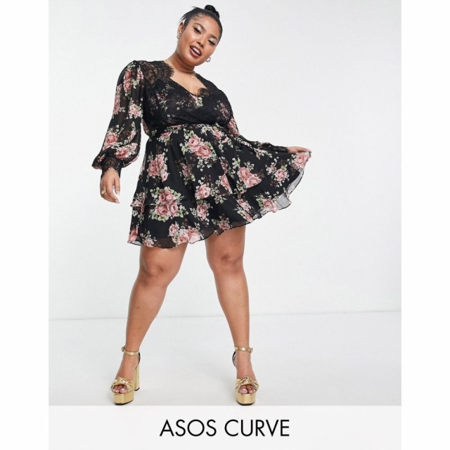 エイソス ASOS Curve レディース ワンピース Aライン ワンピース・ドレス Curve Soft Mini Skater Dress In Rose Floral Print With Eyel