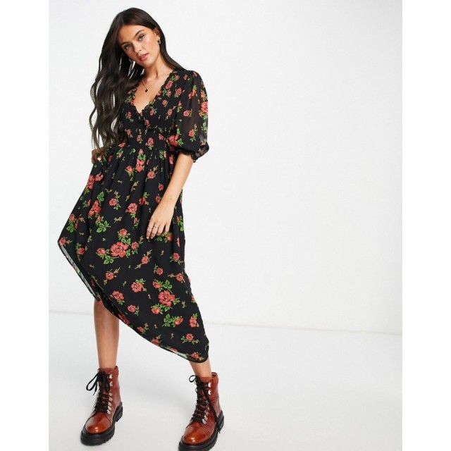 エイソス ASOS DESIGN レディース ワンピース ワンピース・ドレス Midi Smock Dress With Shirred Cuffs In Black Base Floral Print