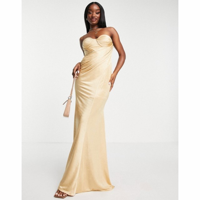 エイソス ASOS DESIGN レディース ワンピース バンドゥ マキシ丈 ワンピース・ドレス Bandeau Tuck Drape Maxi Dress In Champagne シャ