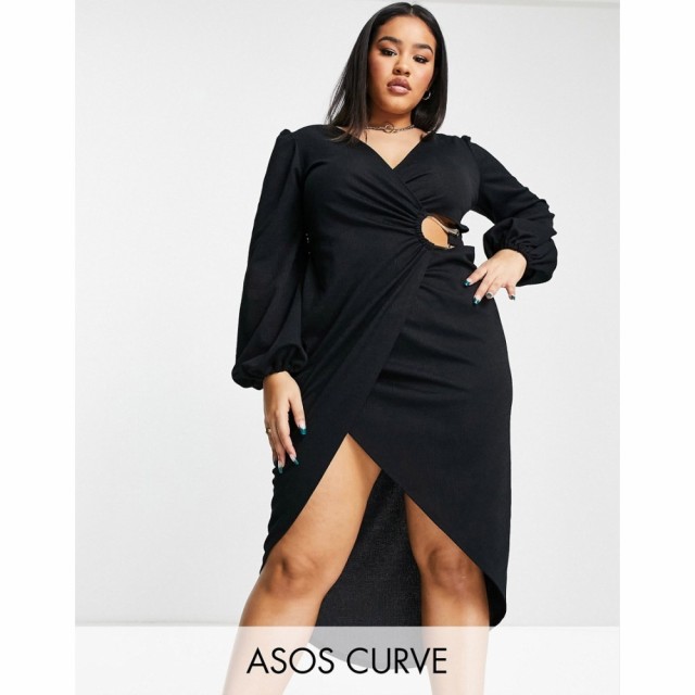 エイソス ASOS Curve レディース ワンピース ラップドレス ミドル丈 ワンピース・ドレス Curve Ring Wrap Long Sleeve Midi Dress In Bla