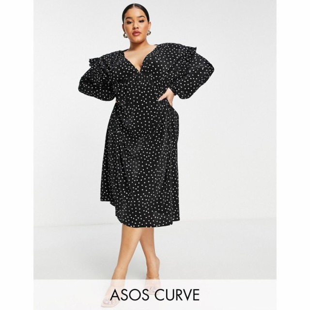 エイソス ASOS DESIGN レディース ワンピース Vネック ミドル丈 ワンピース・ドレス Curve Plisse V Neck Midi Dress In Mono Spot Print