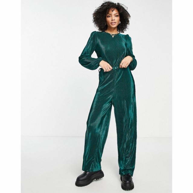 エイソス ASOS DESIGN レディース オールインワン ジャンプスーツ Long Sleeve Belted Plisse Jumpsuit In Forest Green フォレストグリ