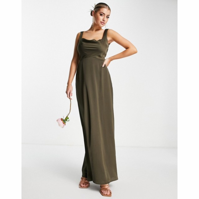 エイソス ASOS DESIGN レディース パーティードレス マキシ丈 Bridesmaid Square Neck Satin Maxi Dress With Cowl Front In Forest フォ