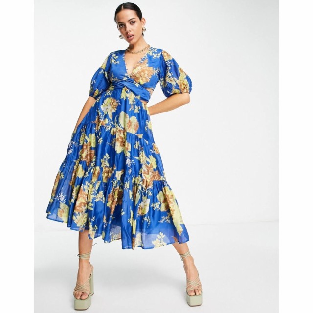 エイソス ASOS DESIGN レディース ワンピース ミドル丈 Blouson Sleeve Midi Dress With Lace Detail And Open Back In Blue Floral ブル