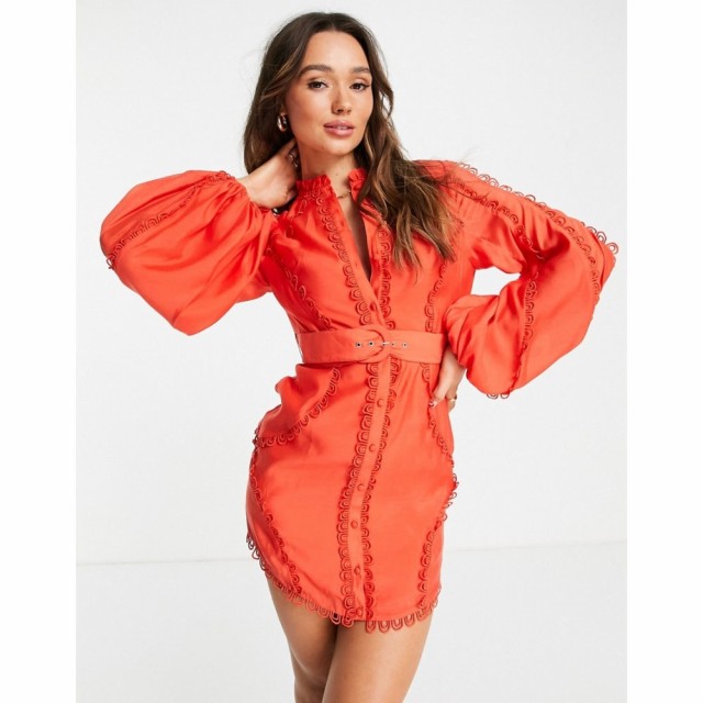 エイソス ASOS DESIGN レディース ワンピース ミニ丈 ワンピース・ドレス Blouson Sleeve Mini Dress With Lace Detail And Belt In Red