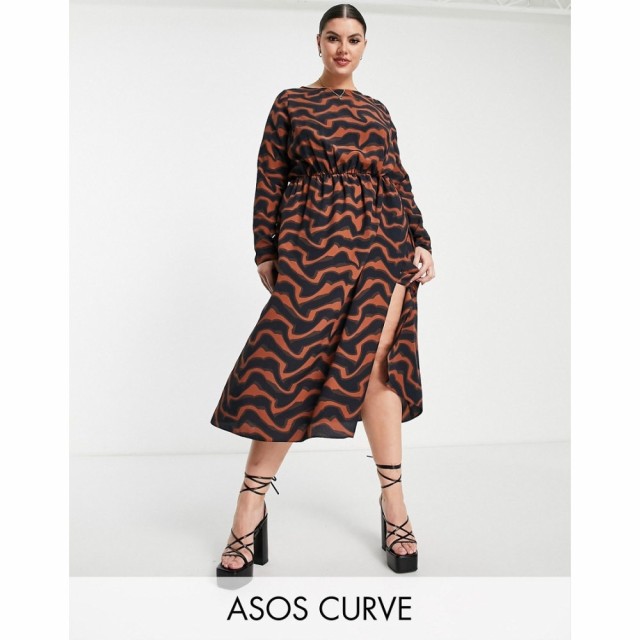 エイソス ASOS Curve レディース ワンピース ミドル丈 Curve Midi Column Dress With Twist Front In Oversized Abstract Animal Print