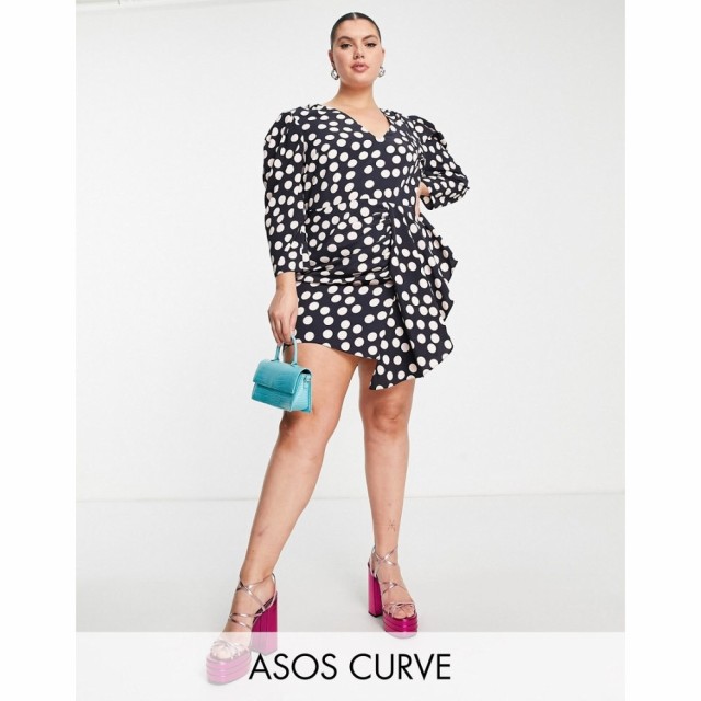 エイソス ASOS Curve レディース ワンピース ミニ丈 ワンピース・ドレス Curve Asymmetric Drape Front Mini Dress In Spot Print ポルカ