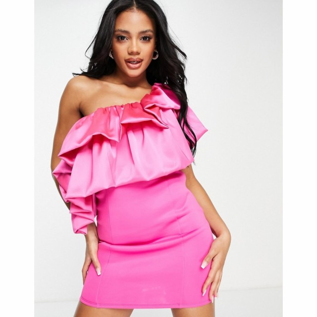 エイソス ASOS DESIGN レディース ワンピース ワンピース・ドレス One Shoulder Satin Ruffle Mini Dress In Pink ピンク