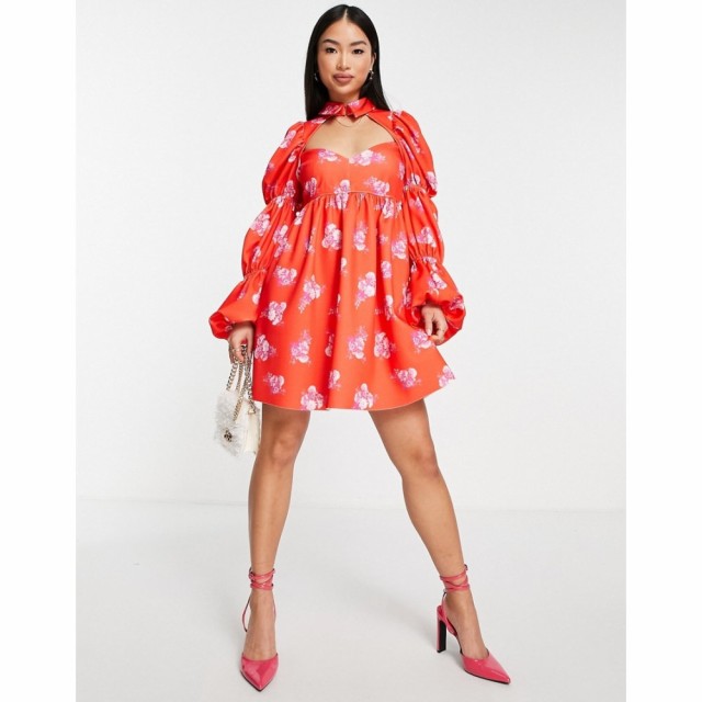 エイソス ASOS DESIGN レディース ワンピース ワンピース・ドレス Triple Sleeve Ditsy Smock Dress In Red And Pink Floral マルチカラ