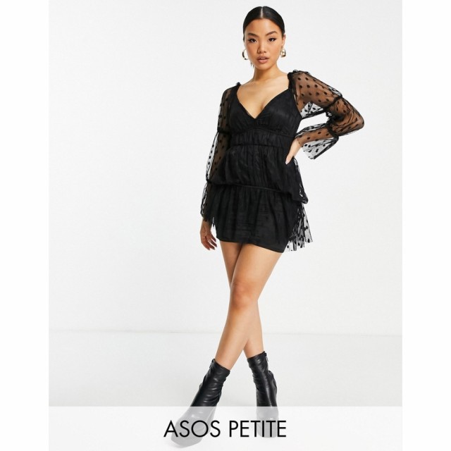 エイソス ASOS Petite レディース ワンピース ミニ丈 ワンピース・ドレス Petite Dobby Mesh Long Sleeve Ruched Pep Hem Mini Dress In