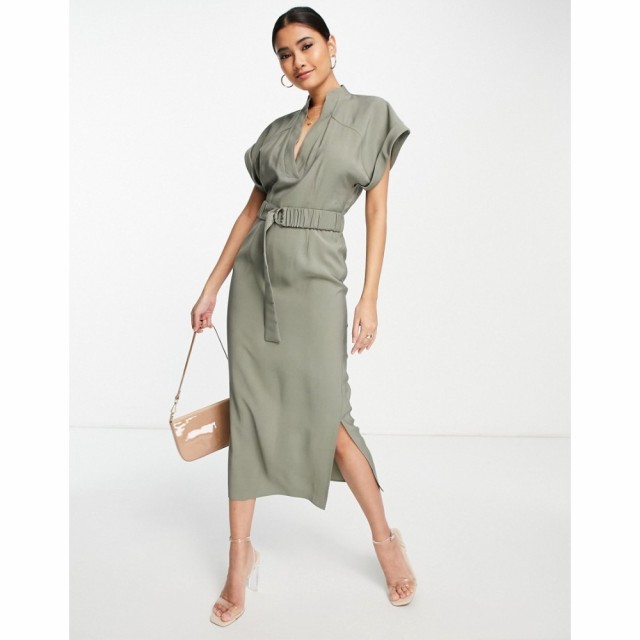 エイソス ASOS DESIGN レディース ワンピース タイト ミドル丈 ワンピース・ドレス Utility Pencil Midi Dress With D-Ring Belt In Khak