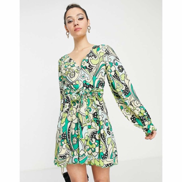 エイソス ASOS DESIGN レディース ワンピース Aライン ワンピース・ドレス Belted Mini Skater Dress In Floral Print グリーンフローラ