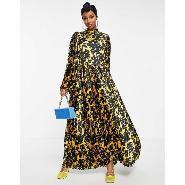 エイソス ASOS DESIGN レディース ワンピース マキシ丈 ワンピース・ドレス Pleated High Neck Maxi Dress In Bold Mustard Floral