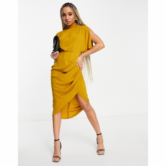 エイソス ASOS DESIGN レディース ワンピース ラップドレス ミドル丈 Cap Sleeve Split Sleeve Midi Wrap Front Dress In Mustard マスタ