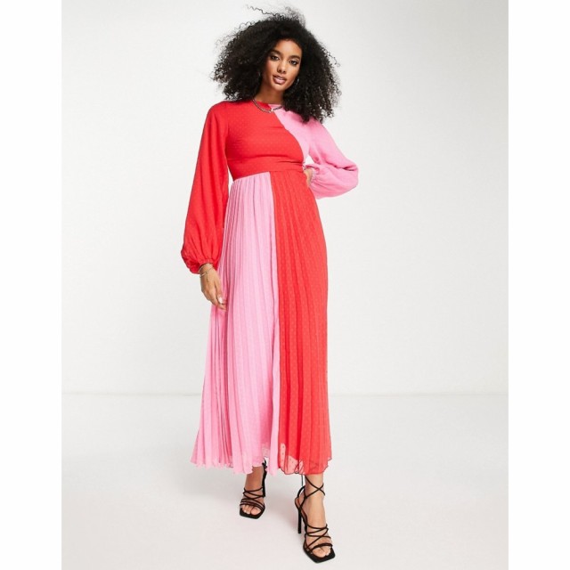 エイソス ASOS DESIGN レディース ワンピース マキシ丈 ワンピース・ドレス Colourblock Dobby Pleated Maxi Dress In Pink And Red