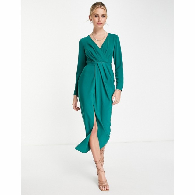 エイソス ASOS DESIGN レディース ワンピース ワンピース・ドレス Long Sleeve Plunge Pleat Front Midi Dress In Dark Green フォレスト