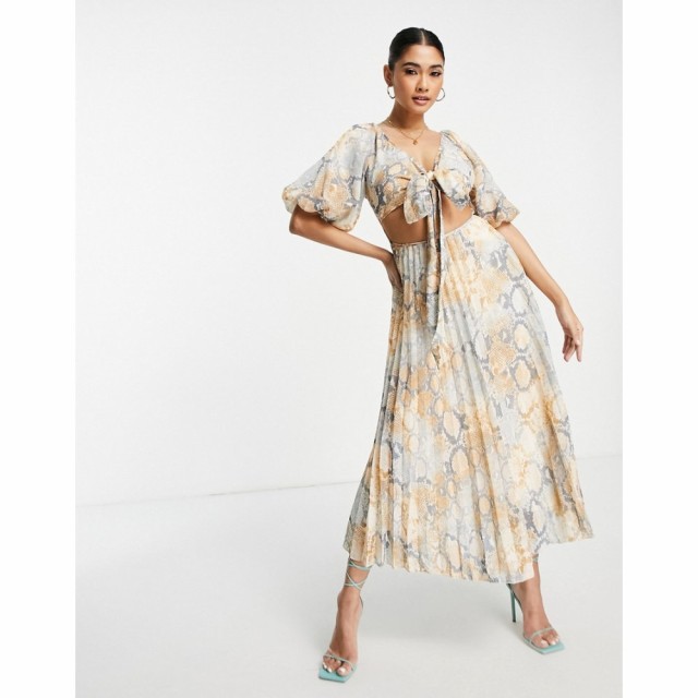 エイソス ASOS DESIGN レディース ワンピース ミドル丈 ワンピース・ドレス Tie Front Pleated Midi Dress In Snake Print パイソンプリ