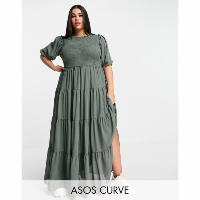 エイソス ASOS Curve レディース ワンピース Ａライン ワンピース・ドレス Curve Shirred Tiered Maxi Dress In Khaki カーキ