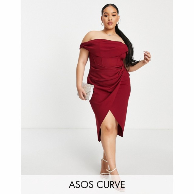 エイソス ASOS Curve レディース ワンピース ラップドレス タイト Curve Fallen One Shoulder Gathered Midi Pencil Dress With Wrap In