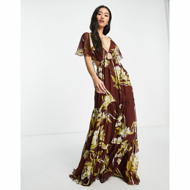 エイソス ASOS DESIGN レディース ワンピース Ａライン ワンピース・ドレス Soft Tiered Maxi Dress With Tie Front In Large Scale Flor