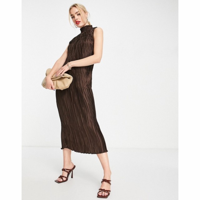 エイソス ASOS DESIGN レディース ワンピース ミドル丈 ワンピース・ドレス Satin Plisse Midi Dress With High Neck In Chocolate チョ