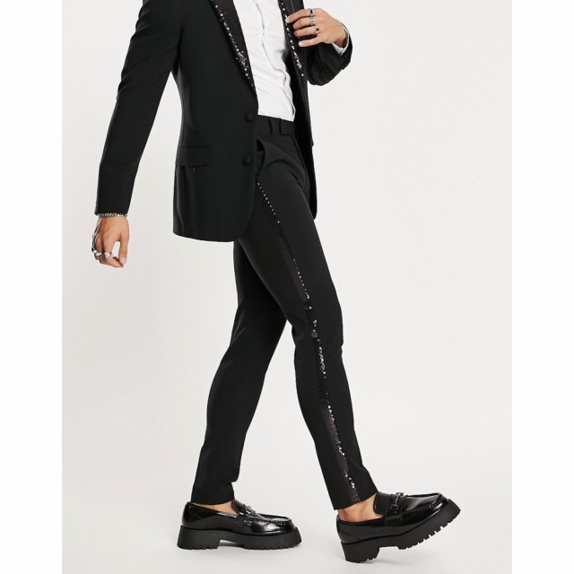 エイソス ASOS DESIGN メンズ スラックス タキシード スキニー ボトムス・パンツ Super Skinny Tuxedo Trousers In Black With Black Seq