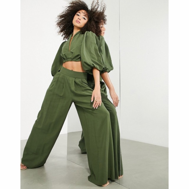 エイソス ASOS EDITION レディース ボトムス・パンツ Wide Leg Pleat Front Trouser In Olive Green オリーブグリーン