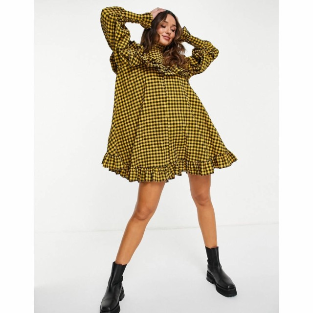 エイソス ASOS EDITION レディース ワンピース ワンピース・ドレス High Neck Ruffle Yoke Mini Dress In Mustard Gingham Check