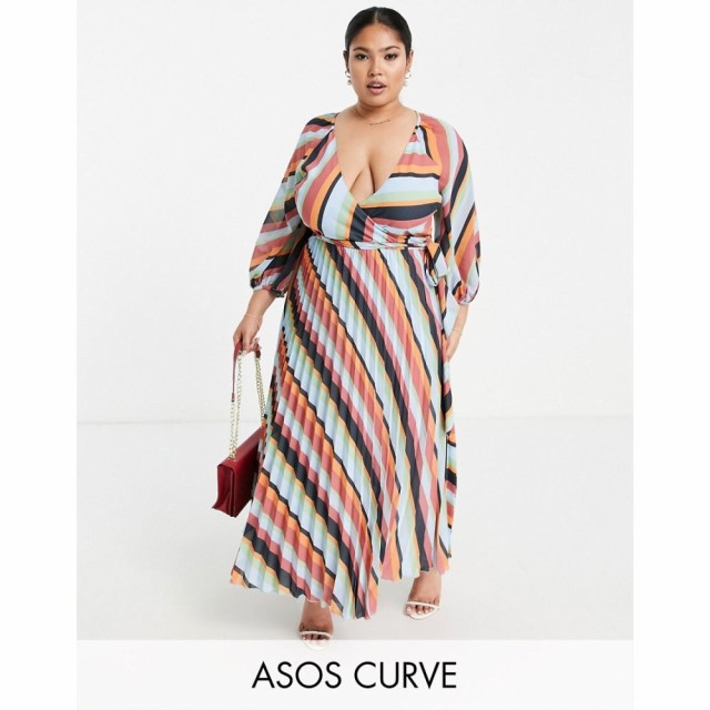 エイソス ASOS Curve レディース ワンピース ラップドレス ワンピース・ドレス Curve Pleated Wrap Midi Dress In Multi Stripe