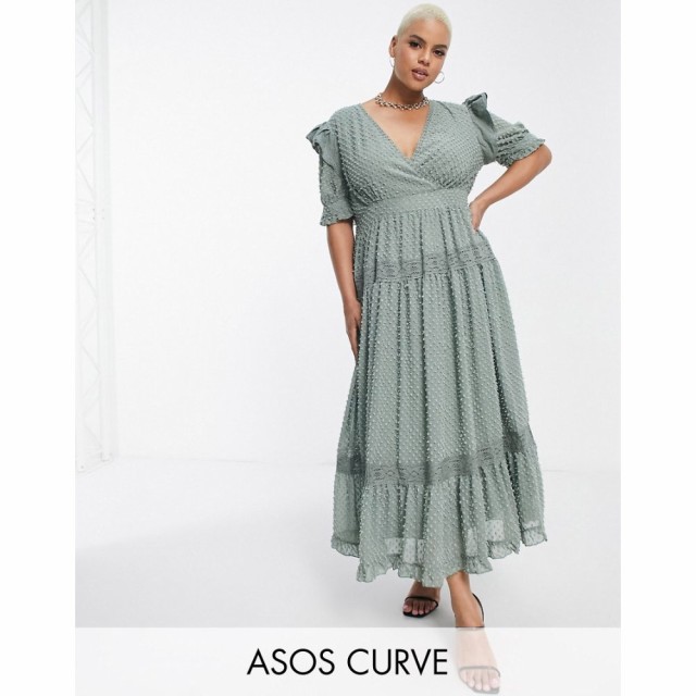 エイソス ASOS Curve レディース ワンピース ラップドレス ミドル丈 Curve Wrap Front Lace Insert Dobby Midi Tea Dress In Sage Green