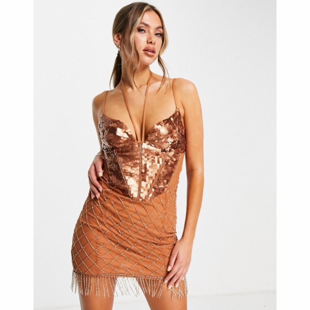 エイソス ASOS DESIGN レディース ワンピース キャミワンピ ワンピース・ドレス Cami Embellished Mini Dress With Fringing In Bronze