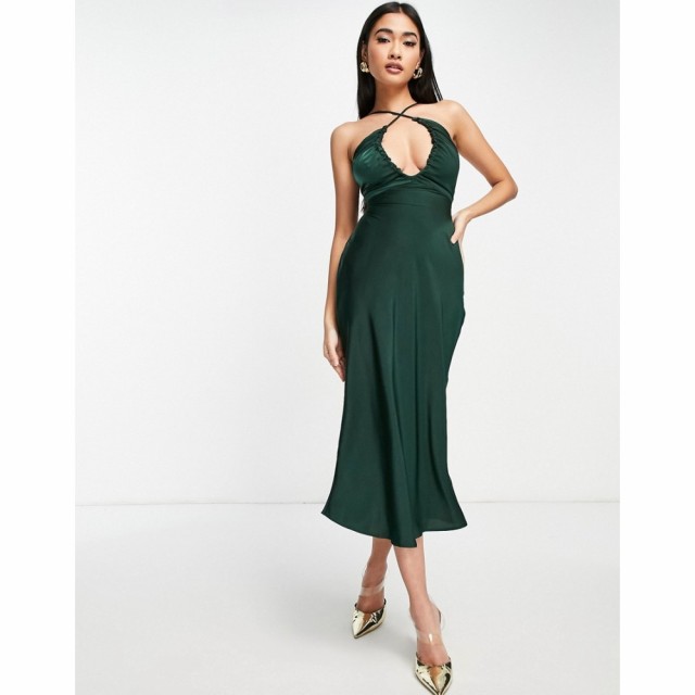 エイソス ASOS DESIGN レディース ワンピース ミドル丈 ワンピース・ドレス Cross Font Halter Satin Midi Dress With Tie Back フォレス