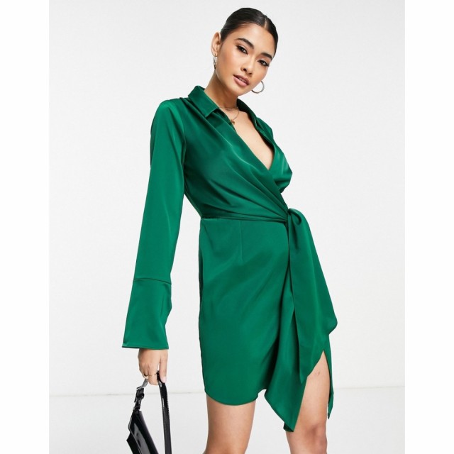 エイソス ASOS DESIGN レディース ワンピース ミニ丈 ワンピース・ドレス Drape Shirt Mini Dress In Satin フォレスト