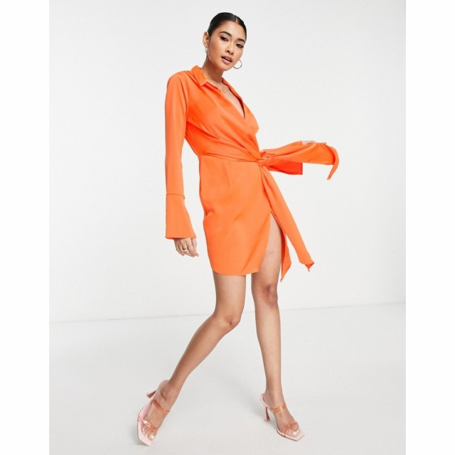 エイソス ASOS DESIGN レディース ワンピース ミニ丈 ワンピース・ドレス Drape Shirt Mini Dress In Satin オレンジ