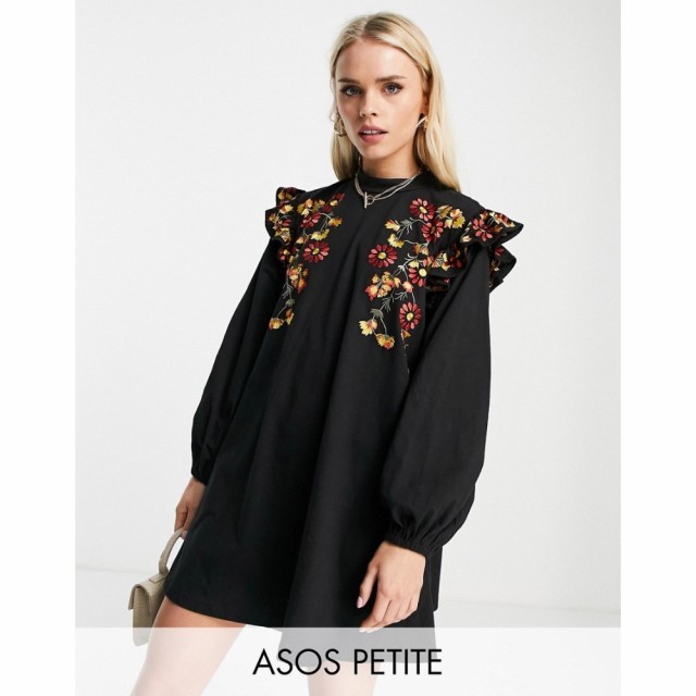 エイソス ASOS DESIGN レディース ワンピース ミニ丈 Petite Mini Swing Dress With Shoulder Ruffle And Daisy Embroidery In Black ブ