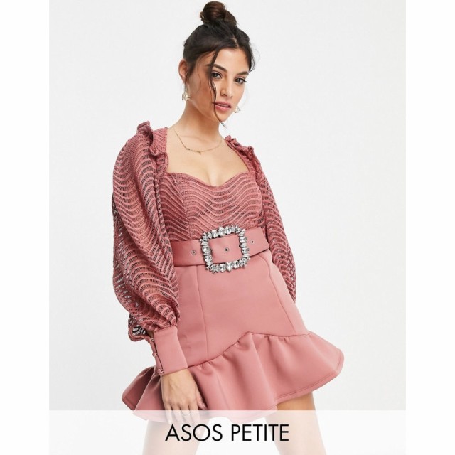 エイソス ASOS Petite レディース ワンピース ミニ丈 ワンピース・ドレス Petite Wiggle Lace Diamonte Belt Pep Hem Ruffle Mini Dress