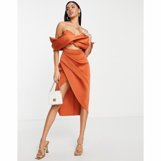 エイソス ASOS DESIGN レディース ワンピース ラップドレス タイト ミドル丈 2 Piece Off Shoulder Pencil Wrap Tuck Midi Dress In Rust