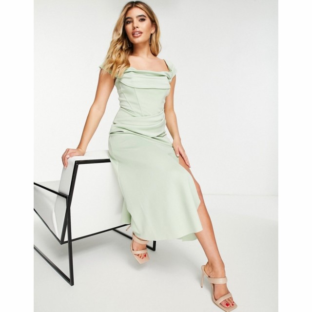 エイソス ASOS DESIGN レディース パーティードレス コルセット ワンピース・ドレス Drape Corset Soft Prom Dress In Sage ライトグリー