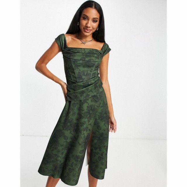 エイソス ASOS DESIGN レディース パーティードレス ワンピース・ドレス Drape Bardot Soft Prom Dress In Green Shadow Floral グリーン