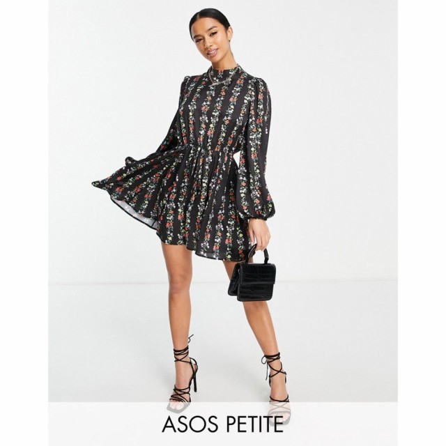 エイソス ASOS Petite レディース ワンピース Aライン ワンピース・ドレス Petite High Neck Satin Mini Skater Dress In Black Linear F