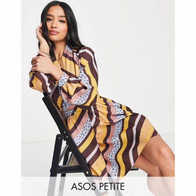 エイソス ASOS Petite レディース ワンピース ラップドレス ミニ丈 ワンピース・ドレス Petite Wrap Mini Dress In Brown Yellow Stripe